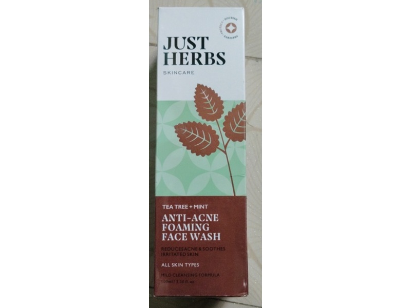 Just Herbs Anti-Acne Foaming Face Wash, Tea Tree + Mint, 3.38 fl oz/100 mL
