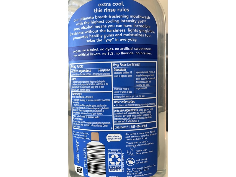 Hello Extra Minty Antigingivitis/Antiplaque Mouthwash, Extra Cooling, 17.6 fl oz/520 mL