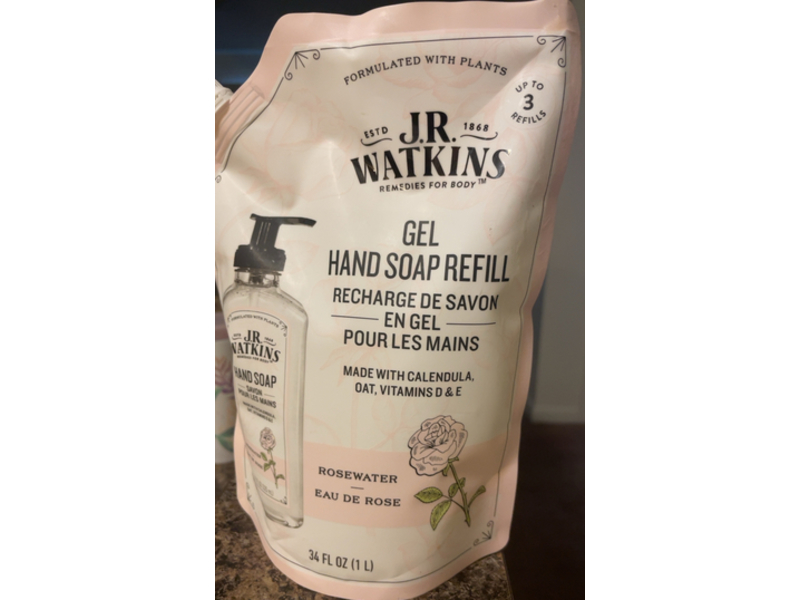 J.R Watkins Gel Hand Soap Refill, Rose Water, 34 fl oz/1 L, Pack Of 3