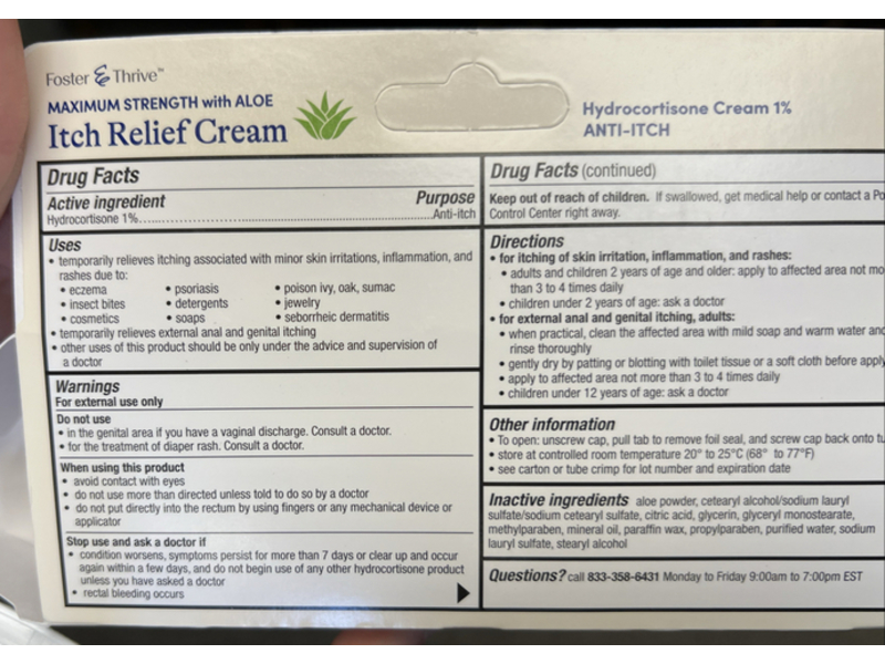 Foster & Thrive Maximum Strength with Aloe Itch Relief Cream Hydrocortisone 1%, 1 oz/28.4 g, 2 Count