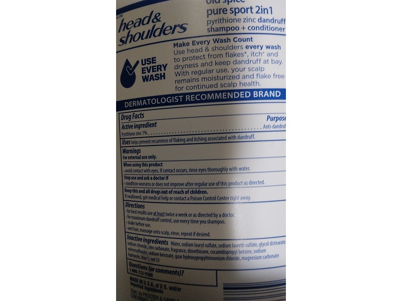 Head & Shoulders 2 In 1 Men Dandruff Shampoo + Conditioner, Old Spice Pure Sport, 40 fl oz/1.18 L