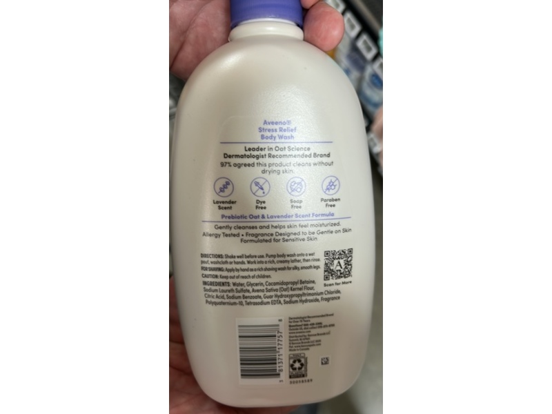 Aveeno Stress Relief Body Wash, Sensitive Skin, Prebiotic Oat + Lavender, 33 fl oz/975 mL
