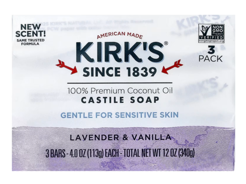 Kirk's Gentle Castile Soap, Lavender & Vanilla, 4.0 oz/113 g, Pack Of 3