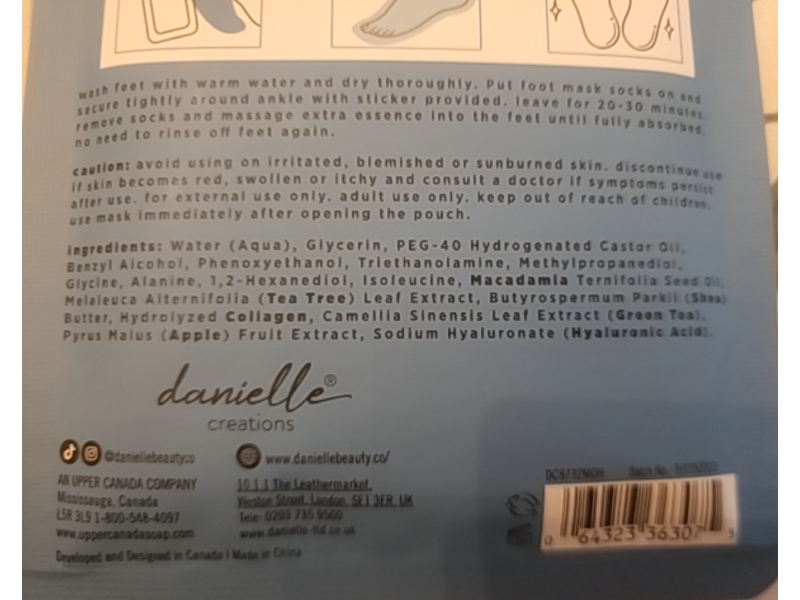 Danielle Creations Moisture Bath Foot Mask, Shea Butter + Macadamia Oil, 0.56 oz/16 g, 1 Pair