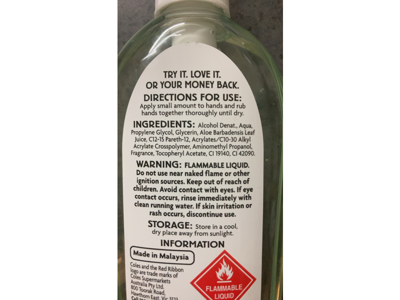 Coles Cleans & Moisturises Hand Sanitiser, Aloe Vera, 200 mL