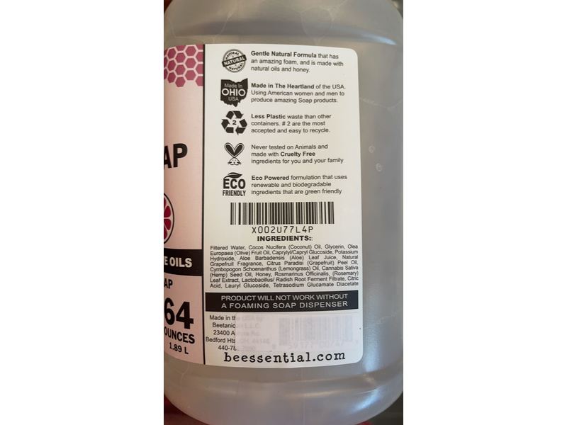 Beessential Moisturizing Foaming Hand Soap Refill, Grapefruit, 64 oz/1.89 L