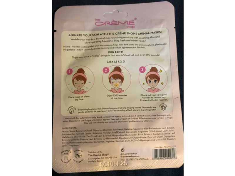 The Creme Shop Animated Penguin Face Mask, Be Blissful, Limited Edition, Aloe & Replenishing Squalane, 0.88 oz/25 g