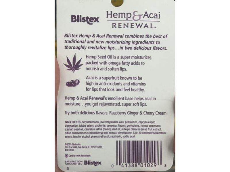 Blistex Hemp & Acai Renewal Lip Balm, Raspberry Ginger & Cherry Cream, Pack Of 2