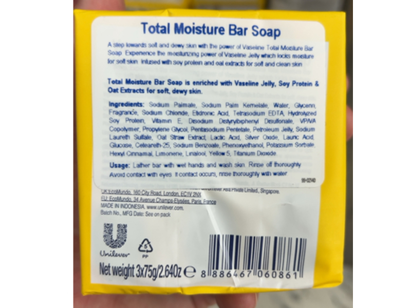 Vaseline Total Moisture Healthy Plus Bar Soap, Soy Protein + Oat Extract & Vaseline Jelly, 2.64 oz/75 g, Pack Of 3