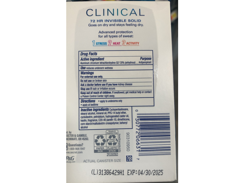 Secret Clinical Antiperspirant and Deodorant, Stress Response,1.6 oz/90 g, 3 Count