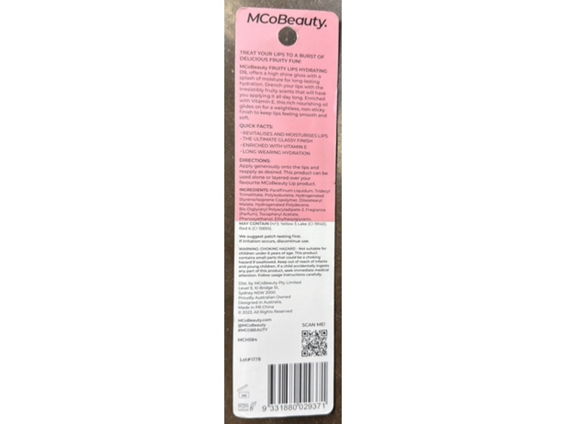 MCoBeauty Fruity Lips Hydrating Oil, Strawberry, 0.12 fl oz/3.8 mL