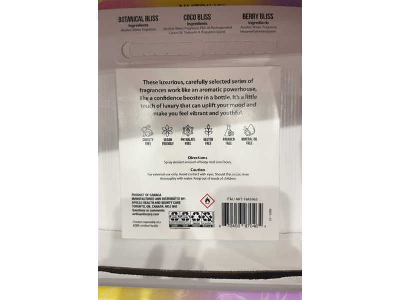 Nutrius Body Mist Set, Berry Bliss + Coco Bliss + Botanical Bliss, 4 fl oz/118 mL