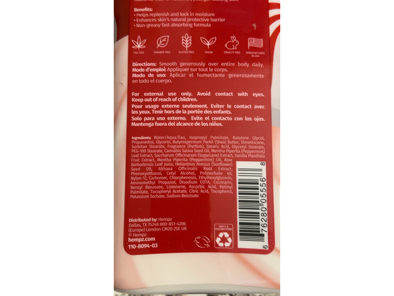 Hempz Peppermint Vanilla Swirl Body Lotion, Hemp Seed Oil, 17 fl oz/500 mL
