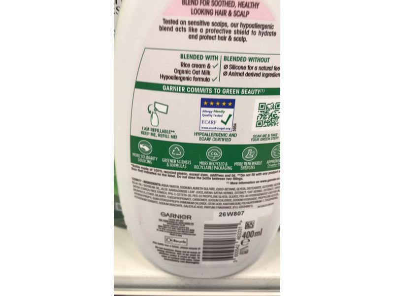 Garnier Ultimate Blends Sooothing Shampoo, Rice Cream, Organic Oat Milk, 400 mL