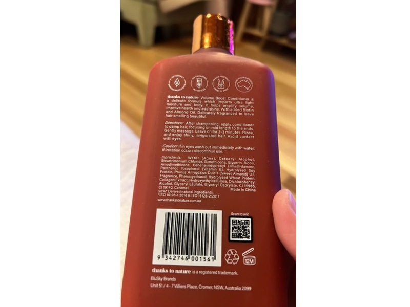 Thanks to Nature Volume Boost Conditioner, Biotin, 16.9 fl oz/500 mL