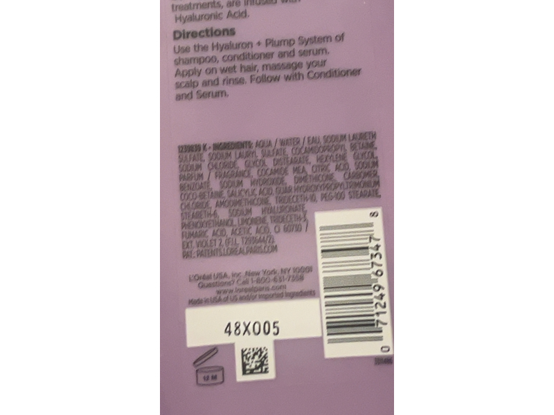 L'Oreal Paris Elvive Hyaluron Plump Hydrating Shampoo, Hyaluronic Acid, 26.5 fl oz/785 mL