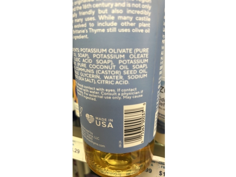 Brittanie's Thyme Pure Castile Soap, Unscented, 32 fl oz/946 mL, Pack Of 2