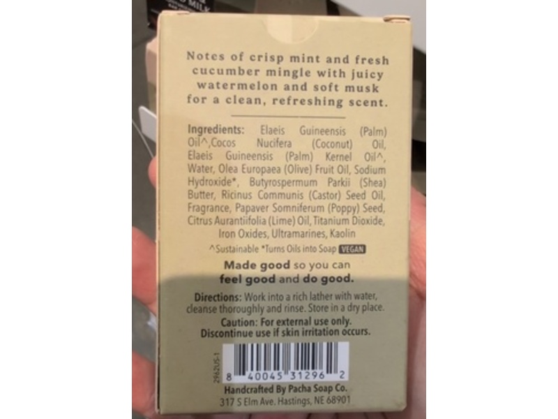 Pacha Soap Co Moisturizing & Gentle Bar Soap, Watermelon & Mint, 4 oz/113 g