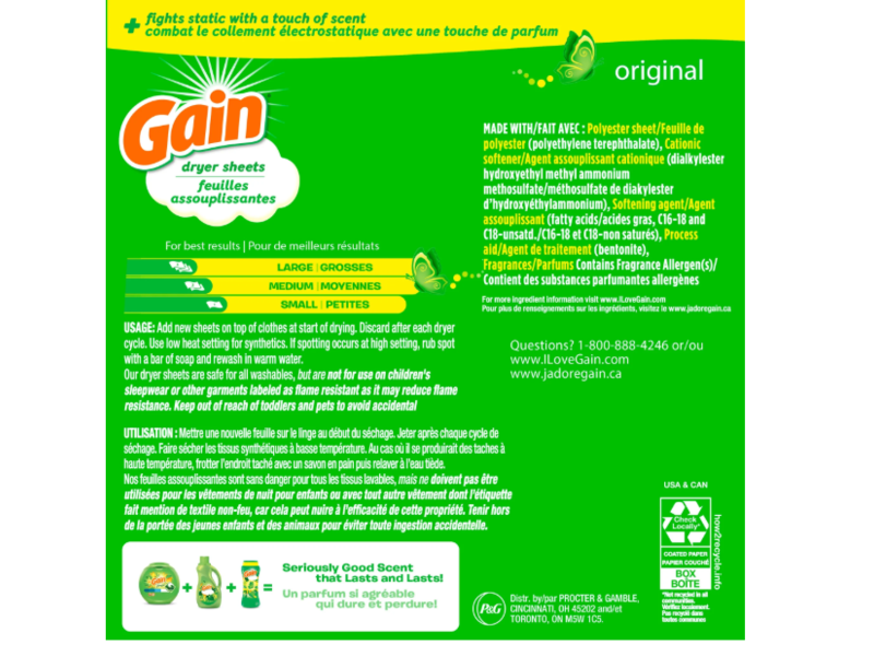 Gain Dryer Sheets Laundry Fabric Softener, Original Scent, 240 Count
