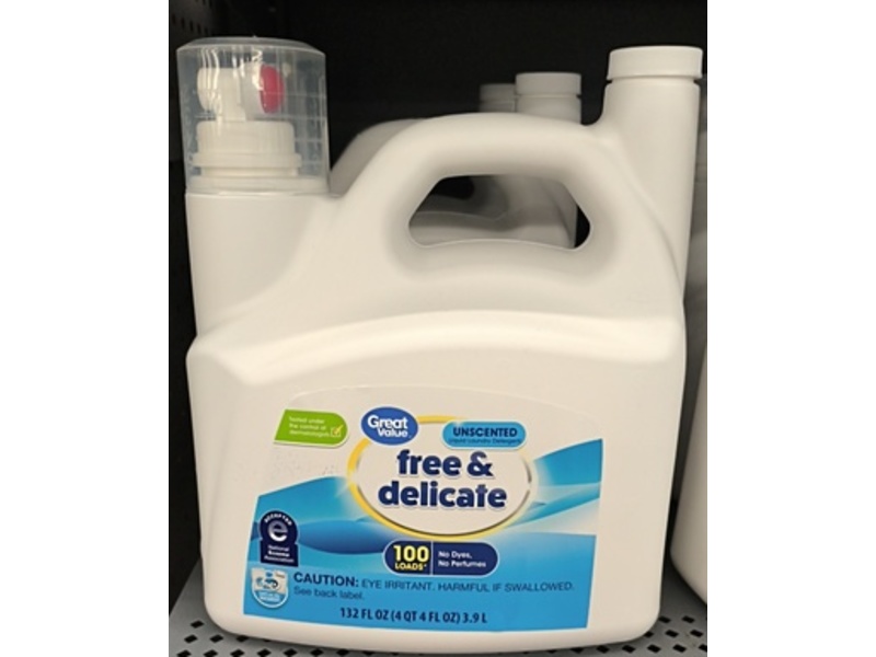 Great Value Free & Delicate Laundry Detergent, Unscented, 100 Loads, 132 fl oz/3.9 L