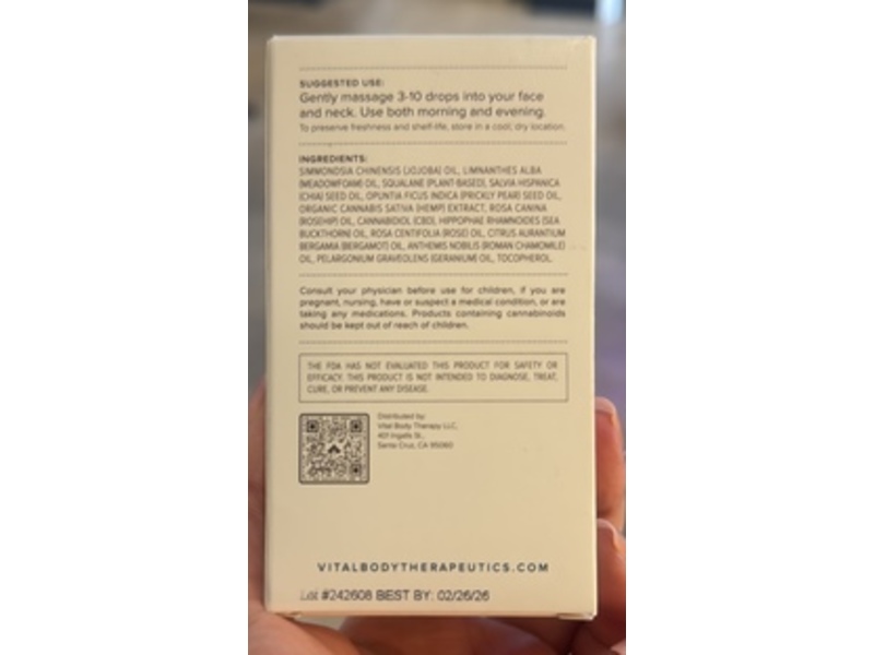 Vital Body Luminous Facial Oil, CBD + Prickly Pear, 1 fl oz