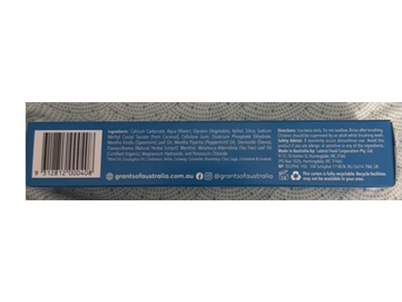 Grants Of Australia Natural Toothpaste, Fresh Mint, Tea Tree Oil, 3.88 oz/110 g