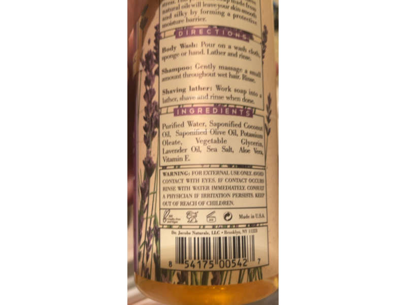 Dr. Jacobs Naturals Pure Castile Liquid Soap Face & Body Wash, Lavender, 16 oz/473 mL