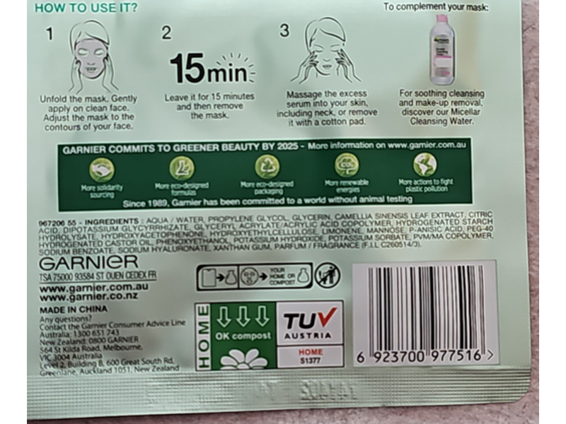 Garnier Skin Active Hydra Bomb Sheet Mask, Hyaluronic Acid & Green Tea, 28 g