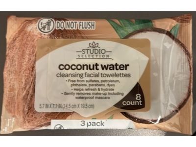 Studio Selection Cleansing Facial Towelettes, Coconut Water, 8 Count, 3 Packs