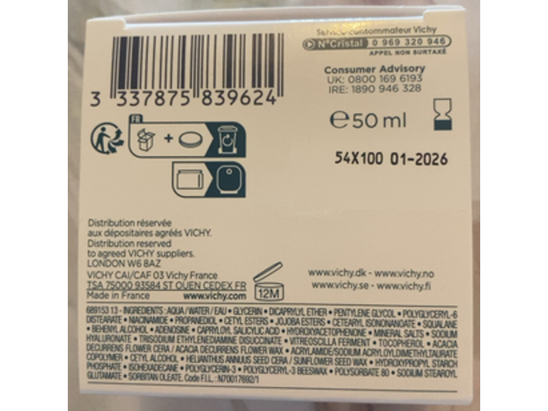 Vichy Mineral 89 Cream, Pure Hyaluronic Acid + Minerals, 50 mL