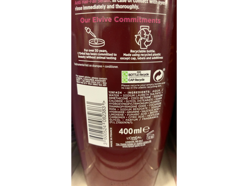 L'Oreal Paris Elvive Reinforcing Shampoo, Aminexil + Biotin + Arginine, 400 mL