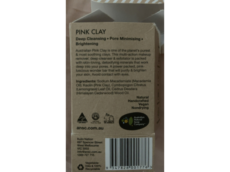 Australian Natural Soap Company Pink Clay Detoxifying Cleansing Bar, 3.53 oz/100 g