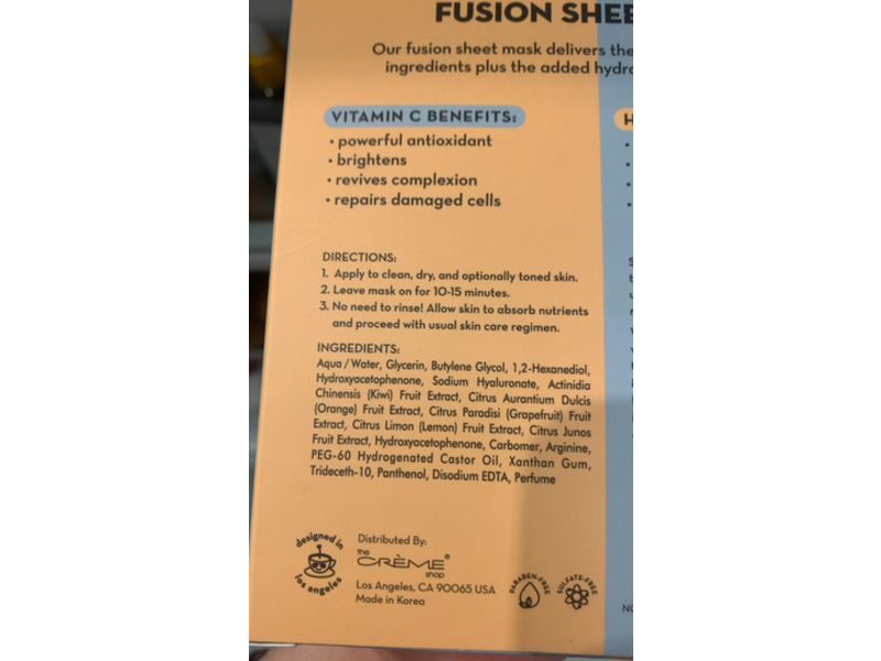 The Creme Shop Fusion Sheet Masks, Vitamin C & Hyaluronic Acid, 5 Sheets