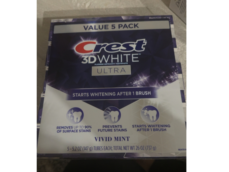 Crest 3D White Ultra Whitening Toothpaste, Vivid Mint, 26 oz/737 g, Pack Of 5