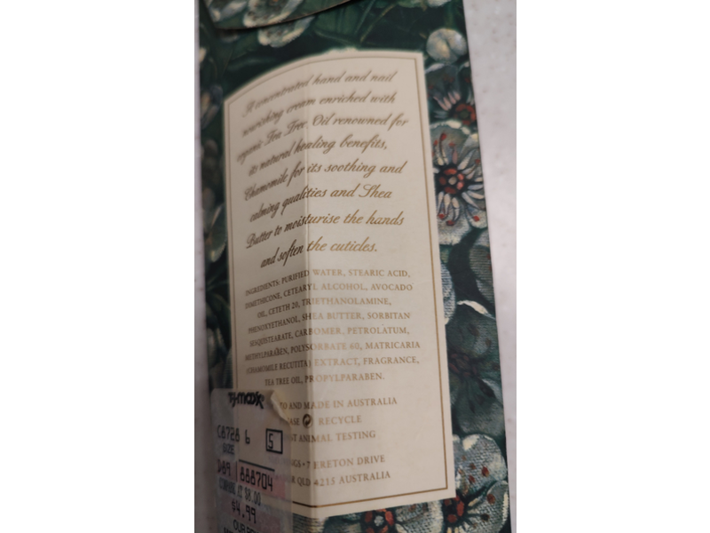 Trelivings Organic Tea Tree Hand & Nail Cream, Chamomile & Shea butter