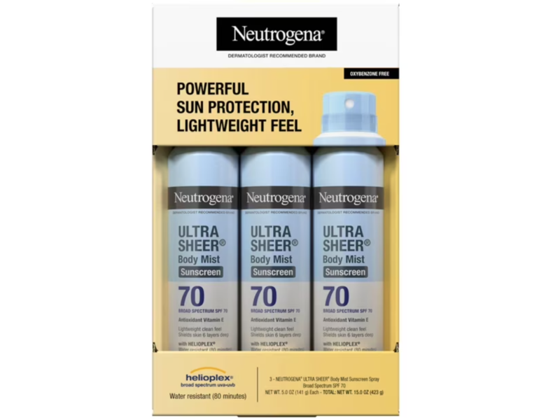 Neutrogena Ultra Sheer Body Mist Sunscreen, SPF 70, 5 oz/141 g, Pack Of 3