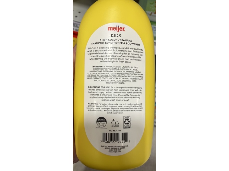 Meijer Kids 3 in 1 Shampoo Conditioner & Body Wash, Coconut Banana, 18 fl oz/532 mL