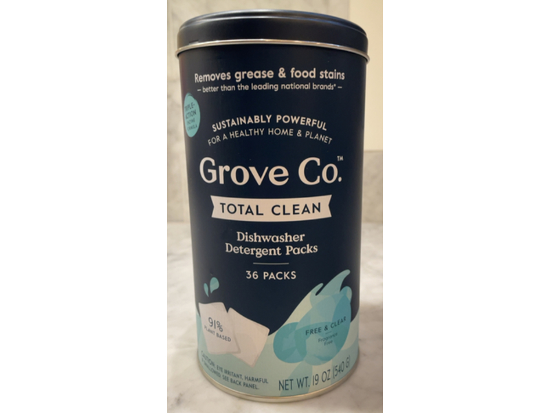 Grove Co Total Clean Dishwasher Detergent Packs, Free & Clear, 19 oz/540 g, 36 Count