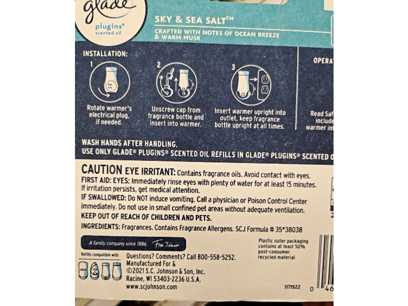 SC Johnson Glade Plugins Scented Oil Refills, Sky & Sea Salt, 0.67 fl oz, Pack Of 5