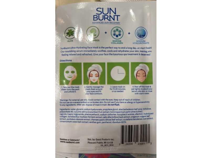 Sunburnt Advances Sun Recovery Ultra-Hydrating Face Mask, Aloe, Cucumber, Marine Collagen & Sodium Hyaluronic, 0.84 fl oz/25 mL, 4 Count