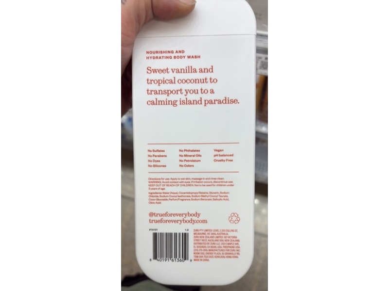 True Moisturizing Body Wash, Vanilla & Coconut, 18 fl oz/532 mL