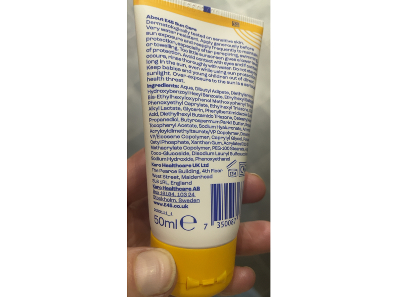 E45 Sun Care Sensitive Face Sunscreen Cream, SPF 50+, 1.69 fl oz/50 mL