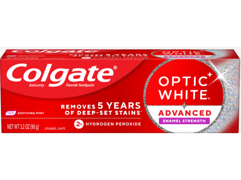 Colgate Optic White Advanced Enamel Strength Toothpaste, Soothing Mint, 2% Hydrogen Peroxide, 3.2 oz/90 g