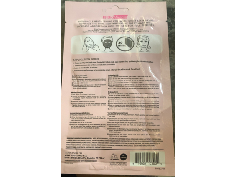 BioMiracle Revitalizing Collagen Face Mask, Rice Extract, Lemon & Turmeric, 20 g, 10 Count