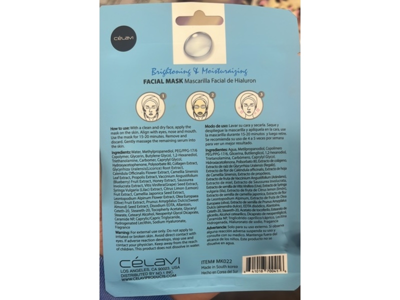 Celavi Facial Mask, Hyaluronic Acid, 0.74 oz/20 g, 12 Count