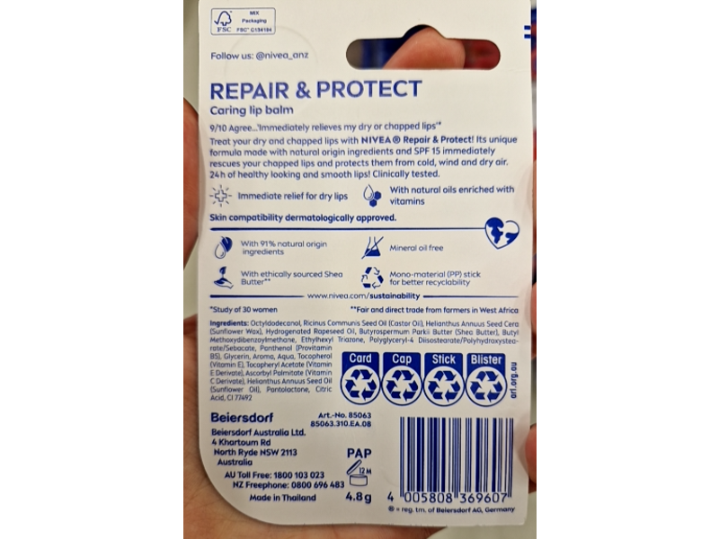 Nivea Repair & Protection Lip Balm, SPF 15, 4.8 g