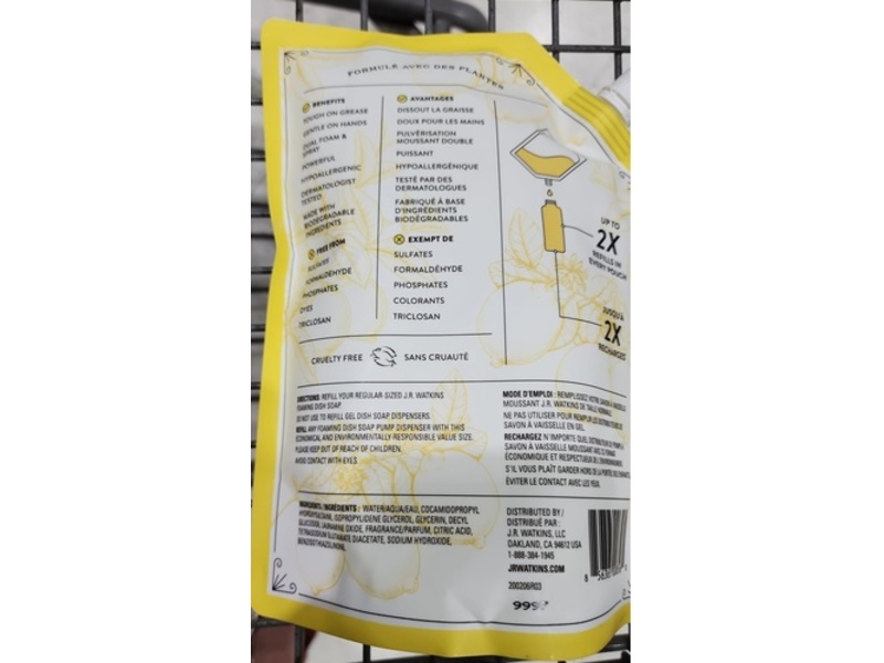 J.R. Watkins Dish Soap Foam & Spray Refill, Lemon, 32 fl oz/946 mL
