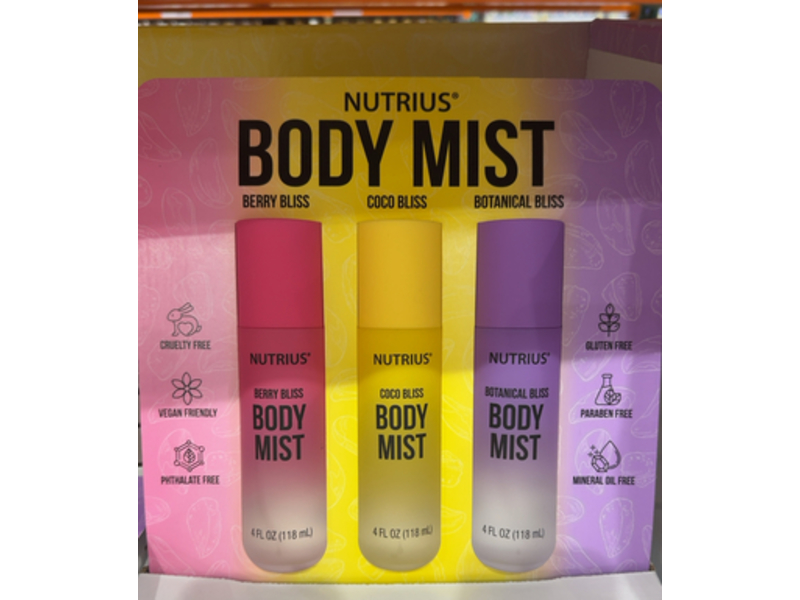 Nutrius Body Mist Set, Berry Bliss + Coco Bliss + Botanical Bliss, 4 fl oz/118 mL