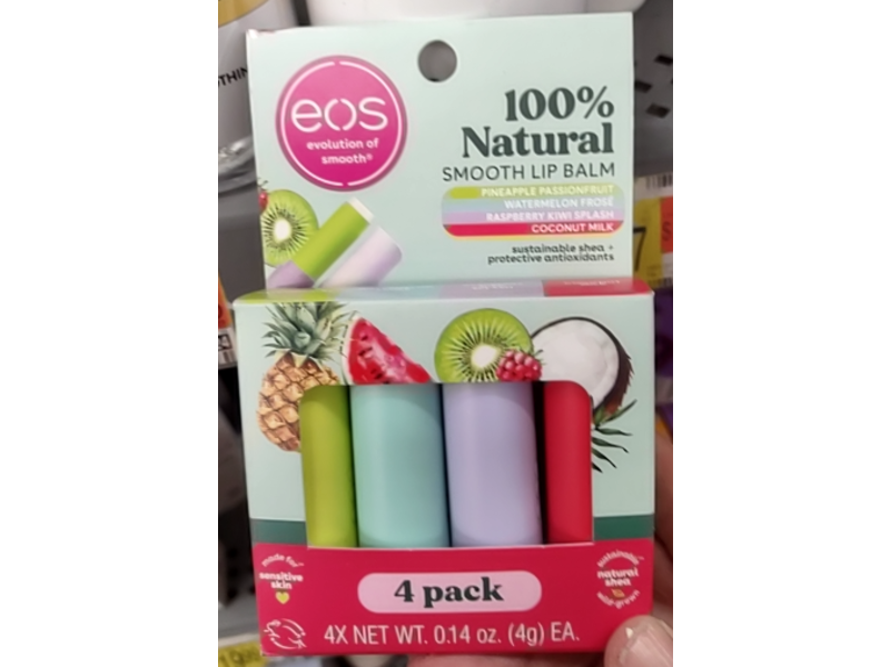EOS 100 % Natural Smooth Lip Balm, Pineapple Passionfruit, Watermelon Frose, Raspberry Kiwi Splash & Coconut Milk, 0.14 oz/4 g, Pack of 4