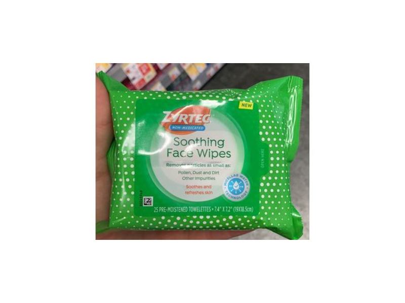 Zyrtec Non-Medicated Soothing Face Wipes, Micellar Water, 25 Count, Pack Of 2